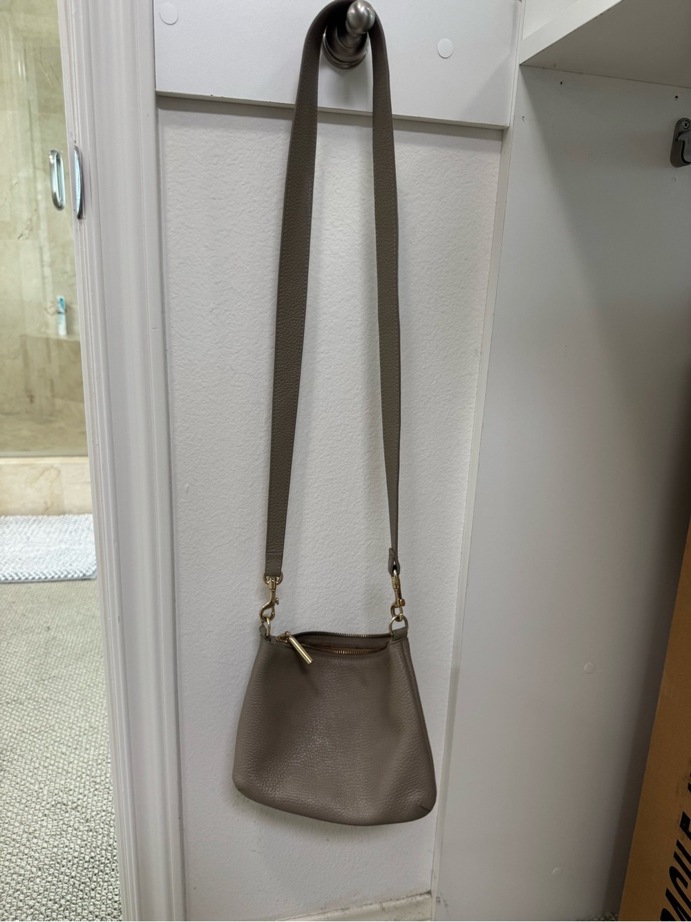 Cuyana Taupe Leather Crossbody Bag with Gold Hardware